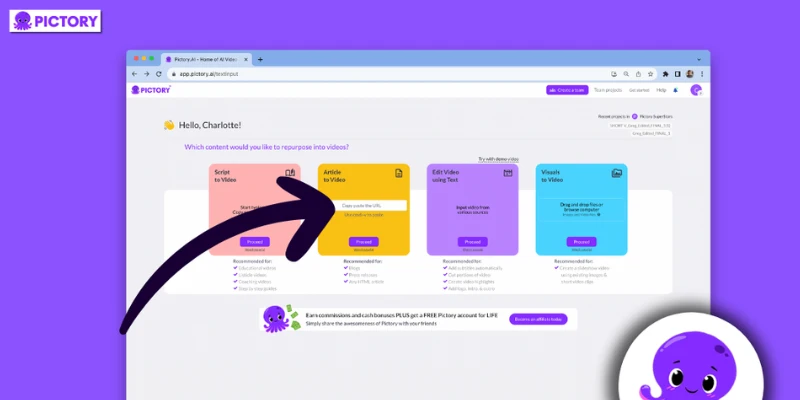 Pictory AI dashboard showing text-to-video conversion – top invideo AI alternative for social media clips