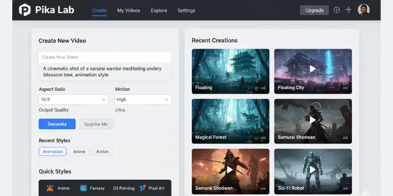  Pika Labs simple AI video generator dashboard designed for fast short-form content as a MotionMuse AI alternatives tool.
