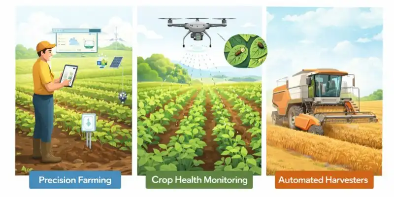 AI in agriculture: Precision farming, drone monitoring, and automated harvesters