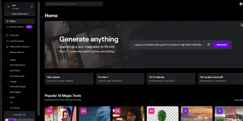 Runway dashboard with AI video editing tools
