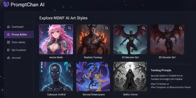  PromptChan AI interface showing NSFW image generation styles and gallery