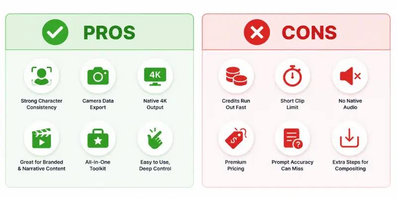 Runway Gen-4 pros and cons infographic

