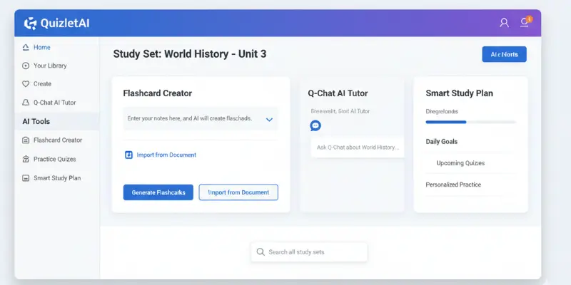 AI tools for students using Quizlet for flashcards, quizzes, and effective memorization on the go