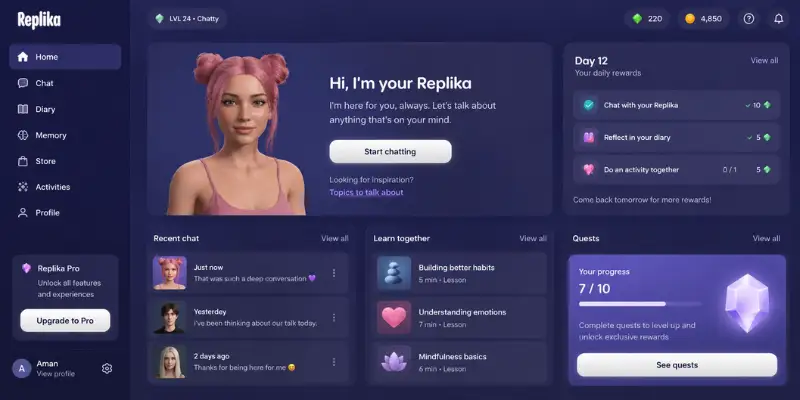 Replika dashboard featured as a Janitor AI alternative for AI companionship and personalized conversations 