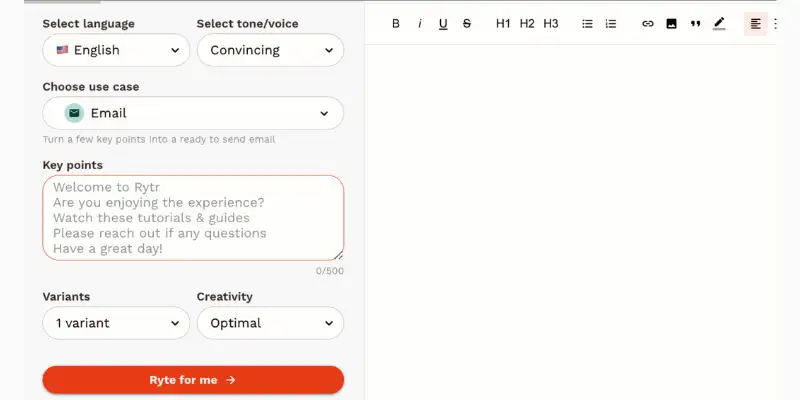 Rytr dashboard, one of the popular Copy.ai alternatives