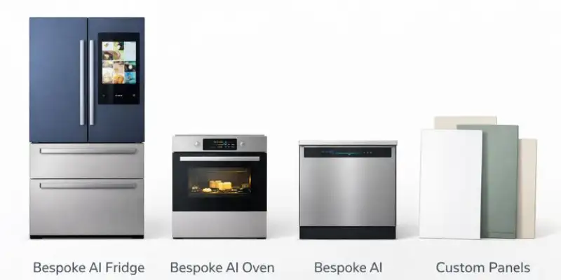 Samsung Bespoke AI appliances lineup featuring a fridge, oven, and dishwasher with customizable panels