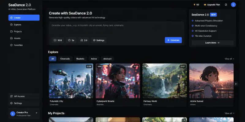 Seedance 2.0 AI video tool dashboard displaying realistic physics-based video generation and motion settings