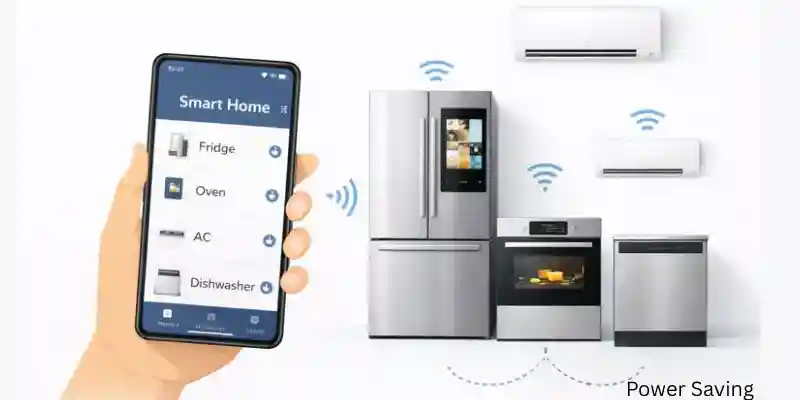 Smartphone controlling connected AI appliances like a fridge, oven, AC, and dishwasher via Wi-F