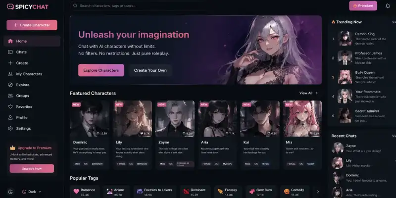 SpicyChat AI dashboard with AI roleplay chat and character discovery features 
