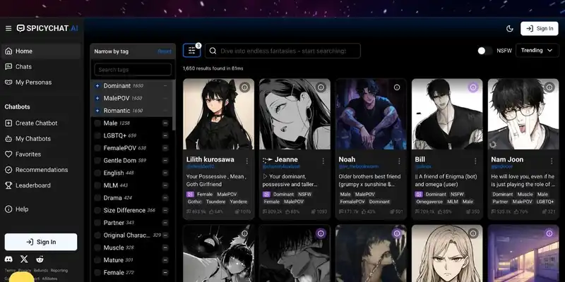 SpicyChat AI character selection interface

