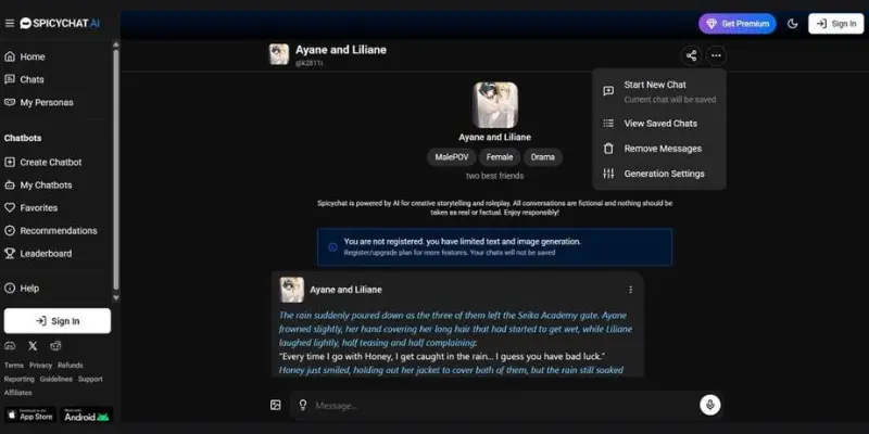 SpicyChat AI dashboard for AI roleplay