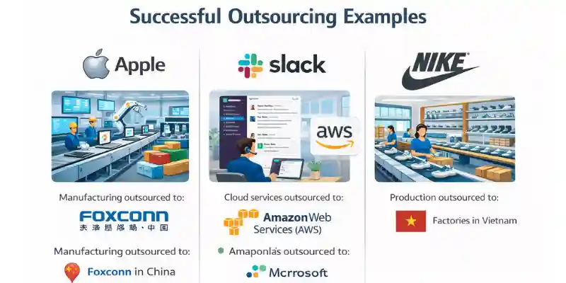Outsourcing example showcasing successful partnerships with Apple, Slack, and Nike and their outsourced providers