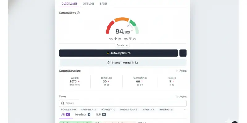 Surfer SEO interface used as ai tools for seo to analyze content score, keyword usage, and on page optimization in real time
