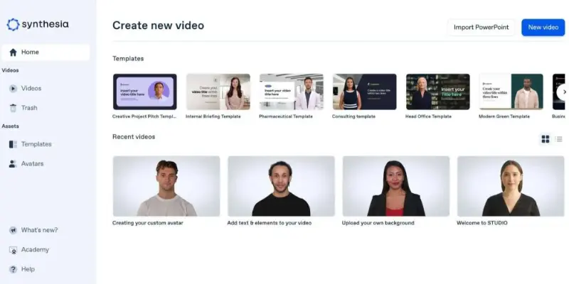 Synthesia dashboard for avatar video creation