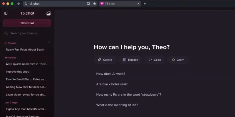 T3 Chat dashboard with lightweight AI chat interface
