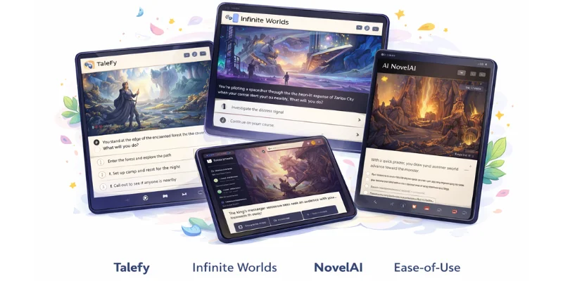Collage of AI Dungeon alternatives showing Talefy, Infinite Worlds, NovelAI, and interactive story screens on devices