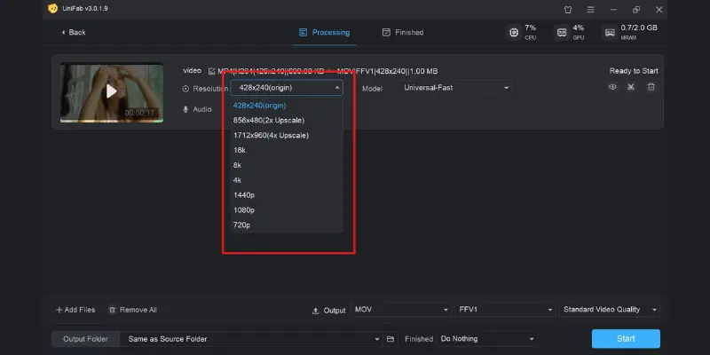 UniFab AI video enhancement interface
