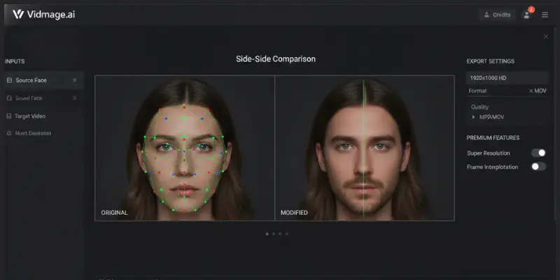 Vidmage.ai dashboard for high-resolution face swaps