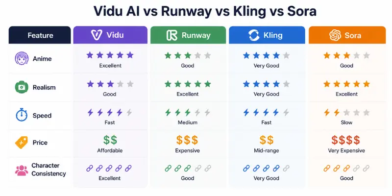 Vidu AI vs Runway vs Kling vs Sora