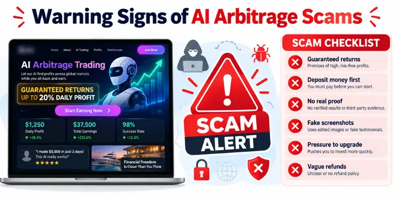 AI arbitrage scam warning signs and fraud checklist

