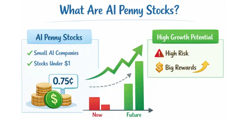 A simple graphic explaining AI penny stocks, with stock graphs and comparison of penny stocks under $1