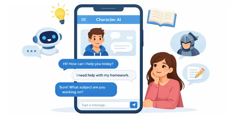 Character AI alternatives concept illustration with chatbot screen and chat bubbles