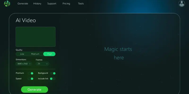 Unrestricted AI video generator dashboard interface example 