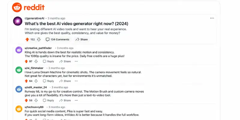 Reddit discussions on AI video generators