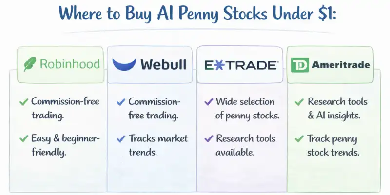 An infographic with logos of popular stock platforms for buying AI penny stocks under $1