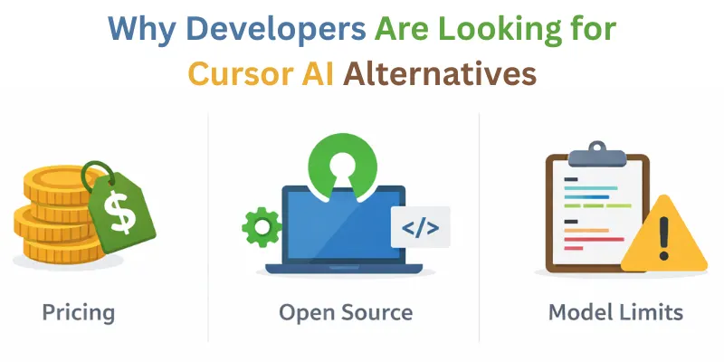 Developer reviewing pricing, open source options, and model limits while exploring Cursor AI alternatives.
