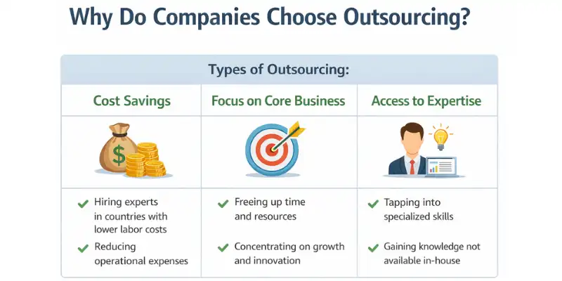 Outsourcing example highlighting key benefits: cost savings, improved focus on core business, and access to specialized expertise