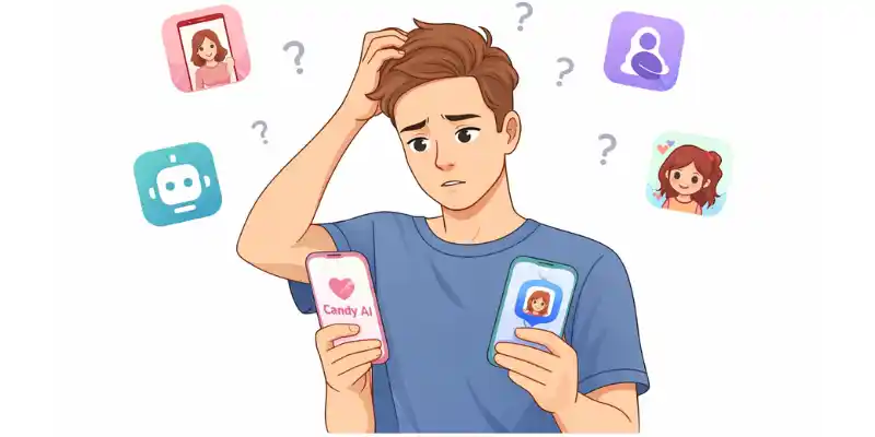  User confused between multiple chat apps, comparing Candy AI alternatives, white background