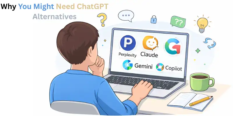  Person comparing ChatGPT alternatives on laptop screen