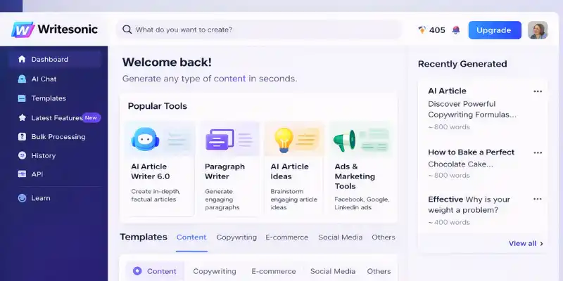 Writesonic dashboard with AI writing and content generation features
